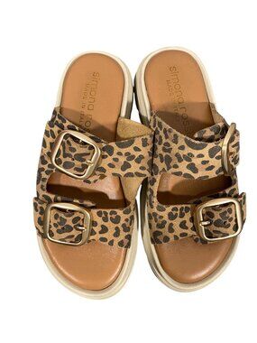 Simona Rossi genuine leather Leopard Print Platform Slide Sandals Double Buckles